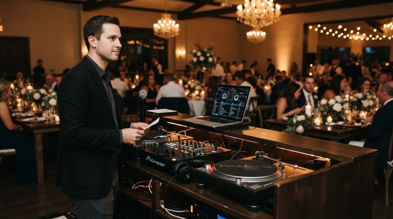 Wedding DJ at a sound booth with headphones and a microphone under warm reception lighting.