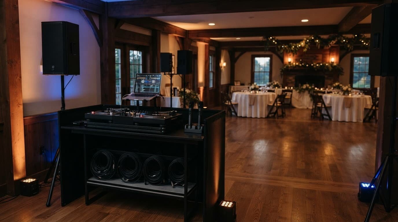DJ equipment faces an empty dance floor in a warmly lit wedding reception room.