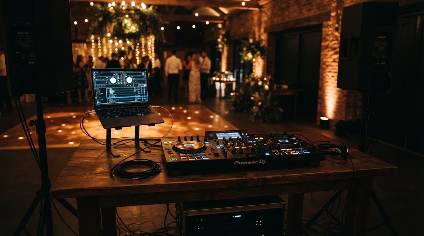 A reception audio table with a controller and laptop under warm lighting.