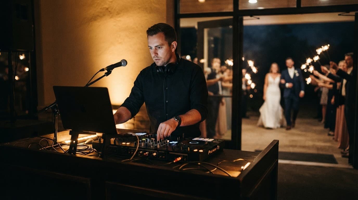 Wedding Exit Songs for a Sparkler Send-Off That Feels Like You A DJ prepares music beside a mixer as the couple waits near an outdoor exit.