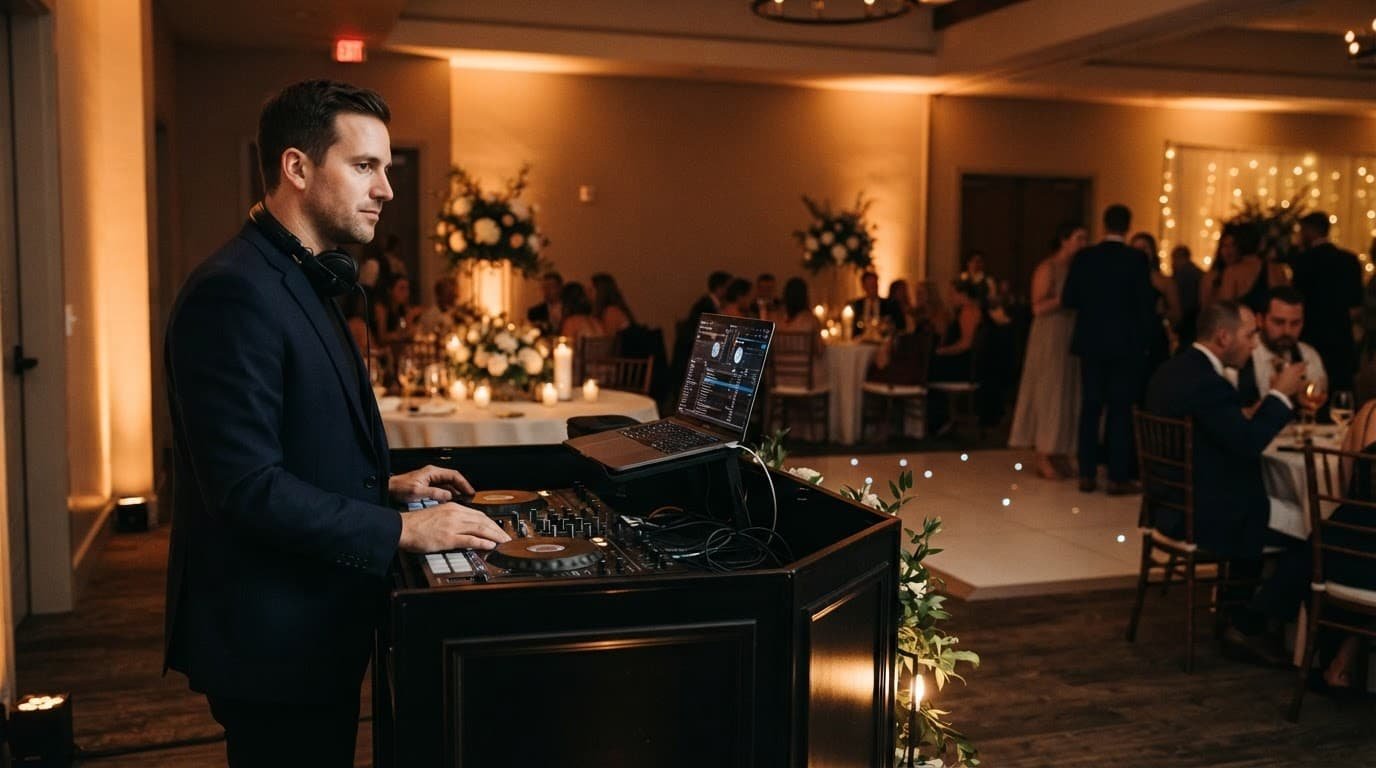 A wedding DJ stands beside a booth in a warmly lit reception venue.