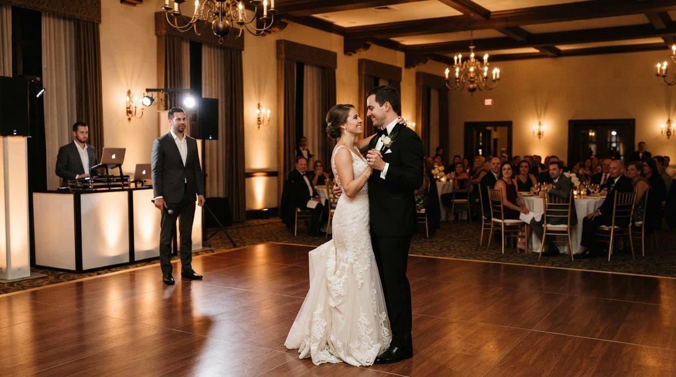 A couple shares their first dance while an MC watches near the sound booth.