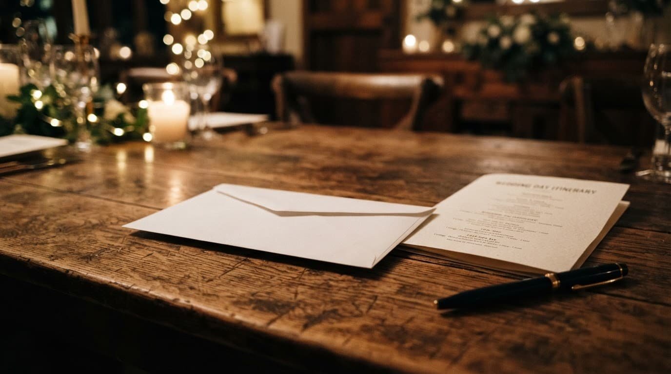 White cash envelope beside a wedding itinerary and pen on a wooden table.