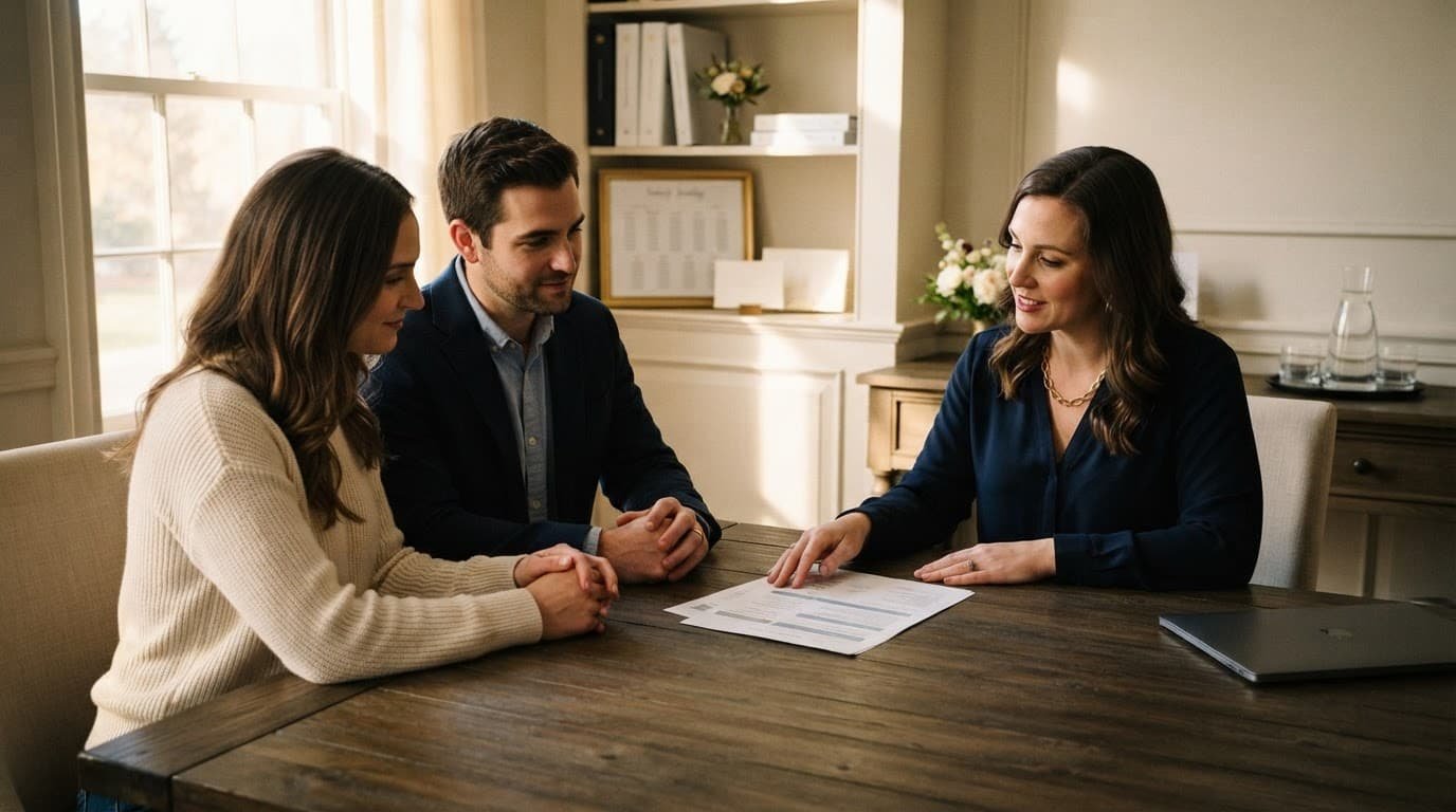 A couple and coordinator reviewing reception guidelines around a table.