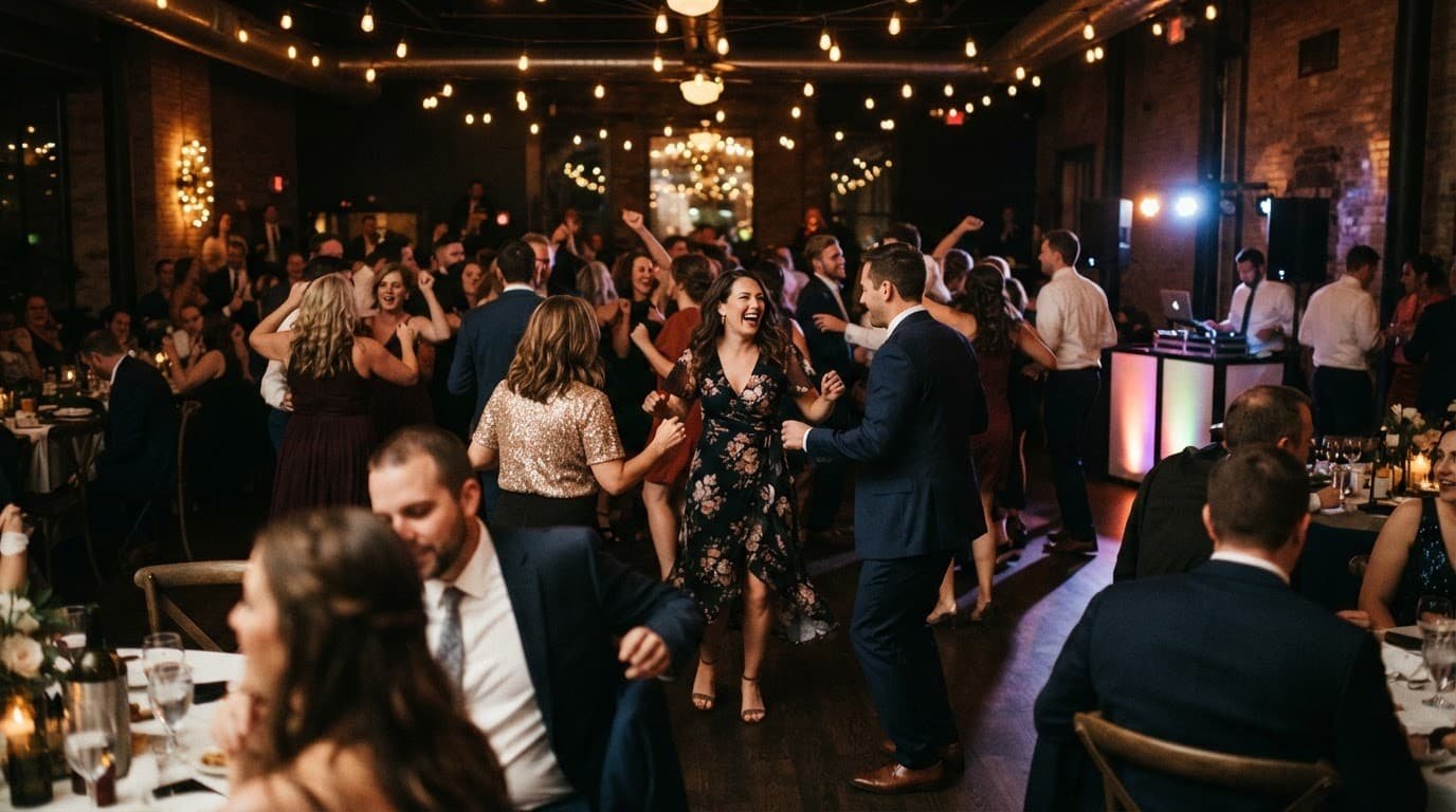 Three guests dance beneath string lights at a lively reception.