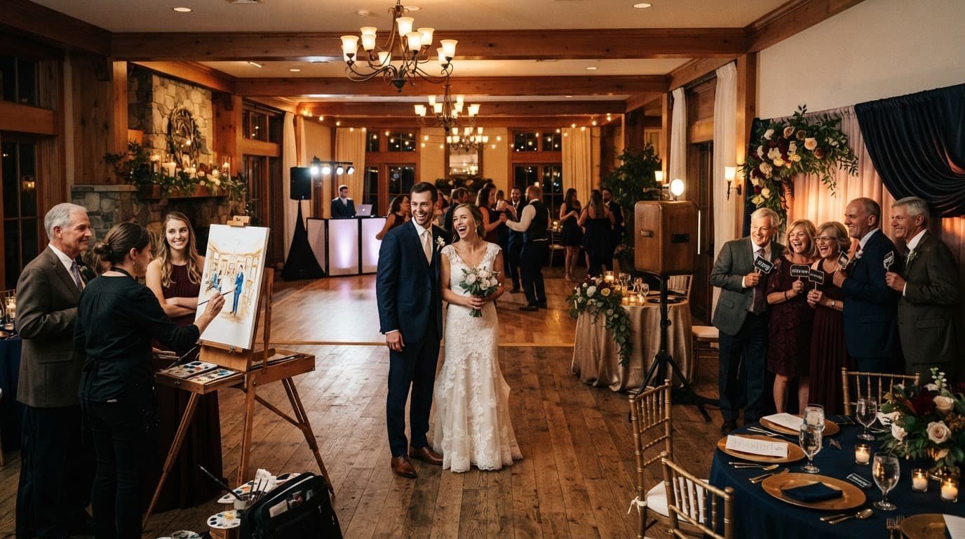 Wedding Reception Entertainment Beyond Dancing A wedding couple and guests gather near a photo booth and painter at a warmly lit reception.