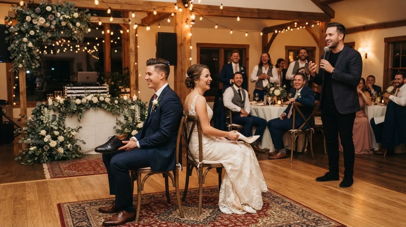 A DJ leads a shoe game with a seated newlywed couple and smiling wedding guests.