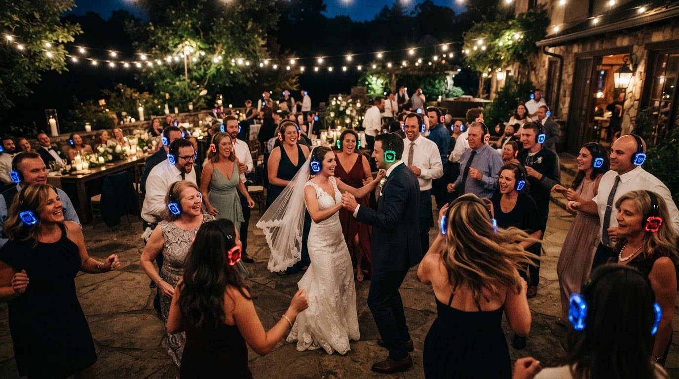 Wedding guests dance under string lights while wearing glowing wireless headphones.