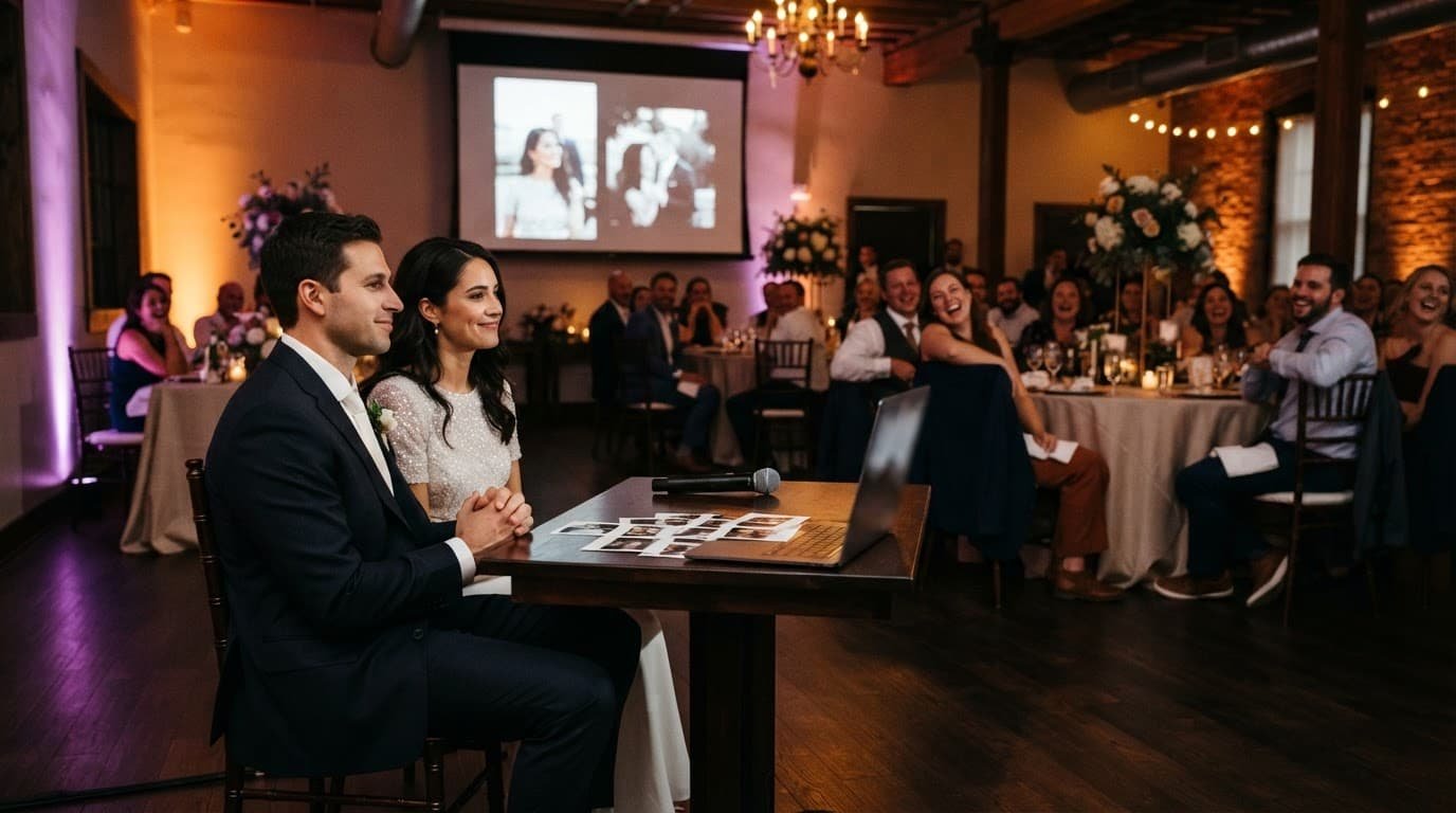 Newlyweds present a slideshow as guests watch at a warmly lit reception.