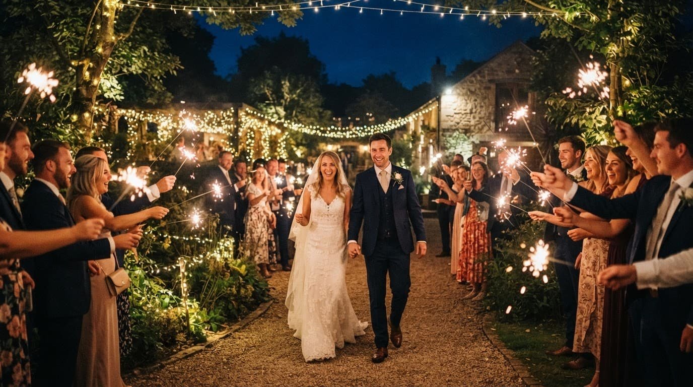 Wedding Exit Songs for a Sparkler Send-Off That Feels Like You Newlyweds walk through guests holding sparklers beneath warm wedding lights.