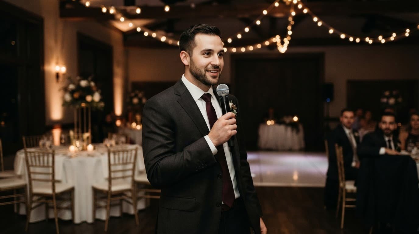 A wedding speaker holds a microphone correctly during a toast.
