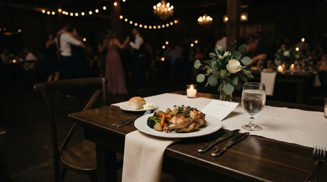 A plated vendor meal arranged on a wedding reception table.