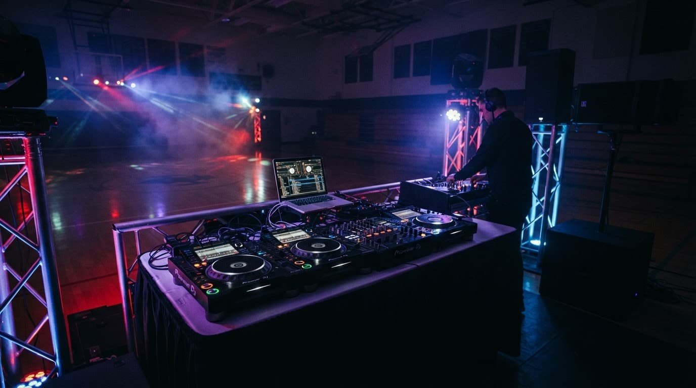 A DJ operates mixers beside speakers under colorful lights in a school gym.