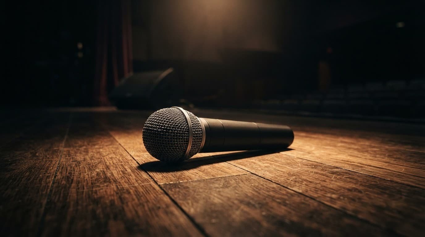 A wireless microphone rests on a wooden stage floor under a spotlight.