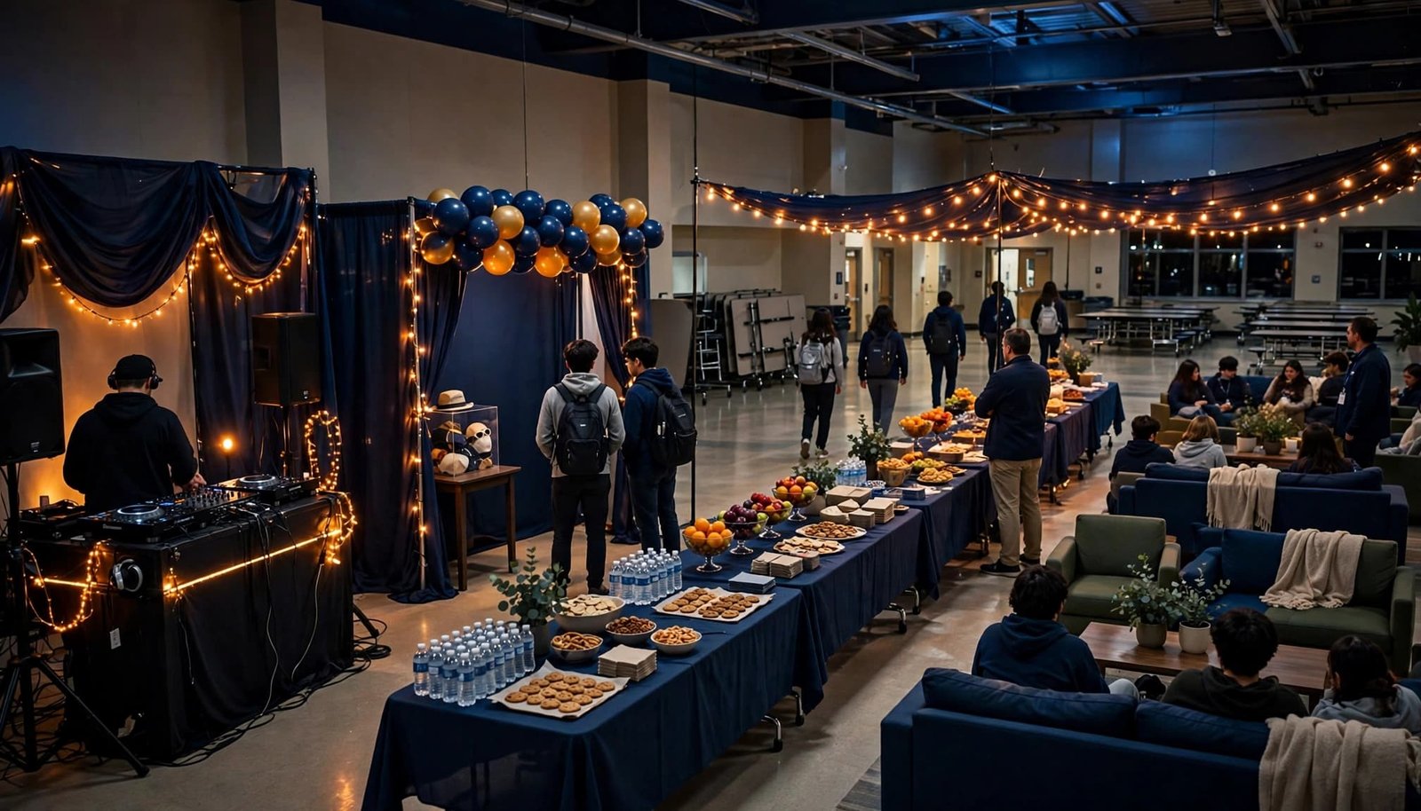A DJ, activity areas, snack tables, seating, and supervisors fill a spacious school event room.