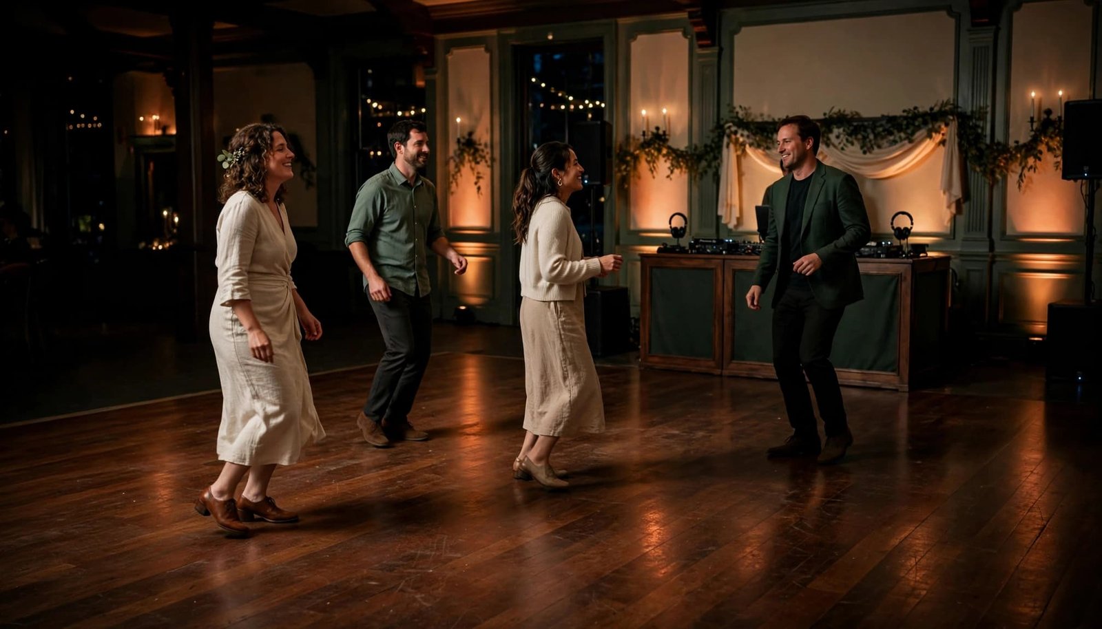 Four guests dance on a polished floor near a DJ booth.