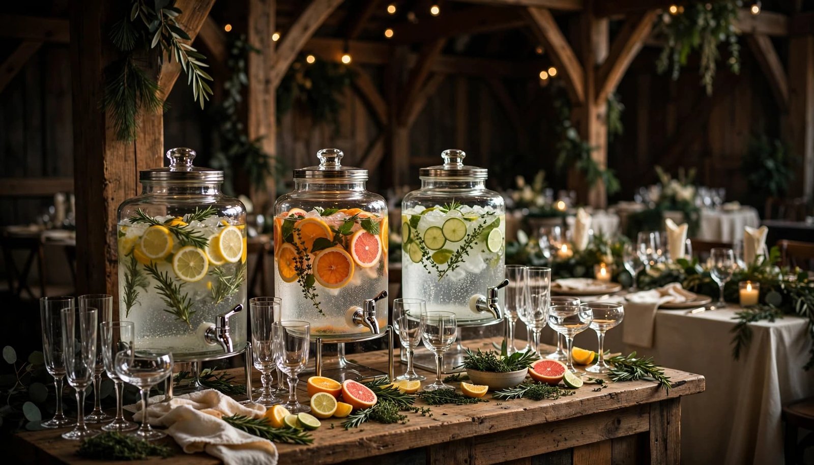 A wedding drink station with sparkling water, citrus, herbs, and stemware in a timber barn.