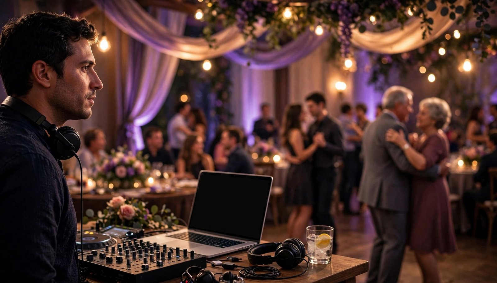 Anniversary Party Songs That Bring Every Generation Together A DJ prepares music beside a laptop as guests gather for the anniversary dance.