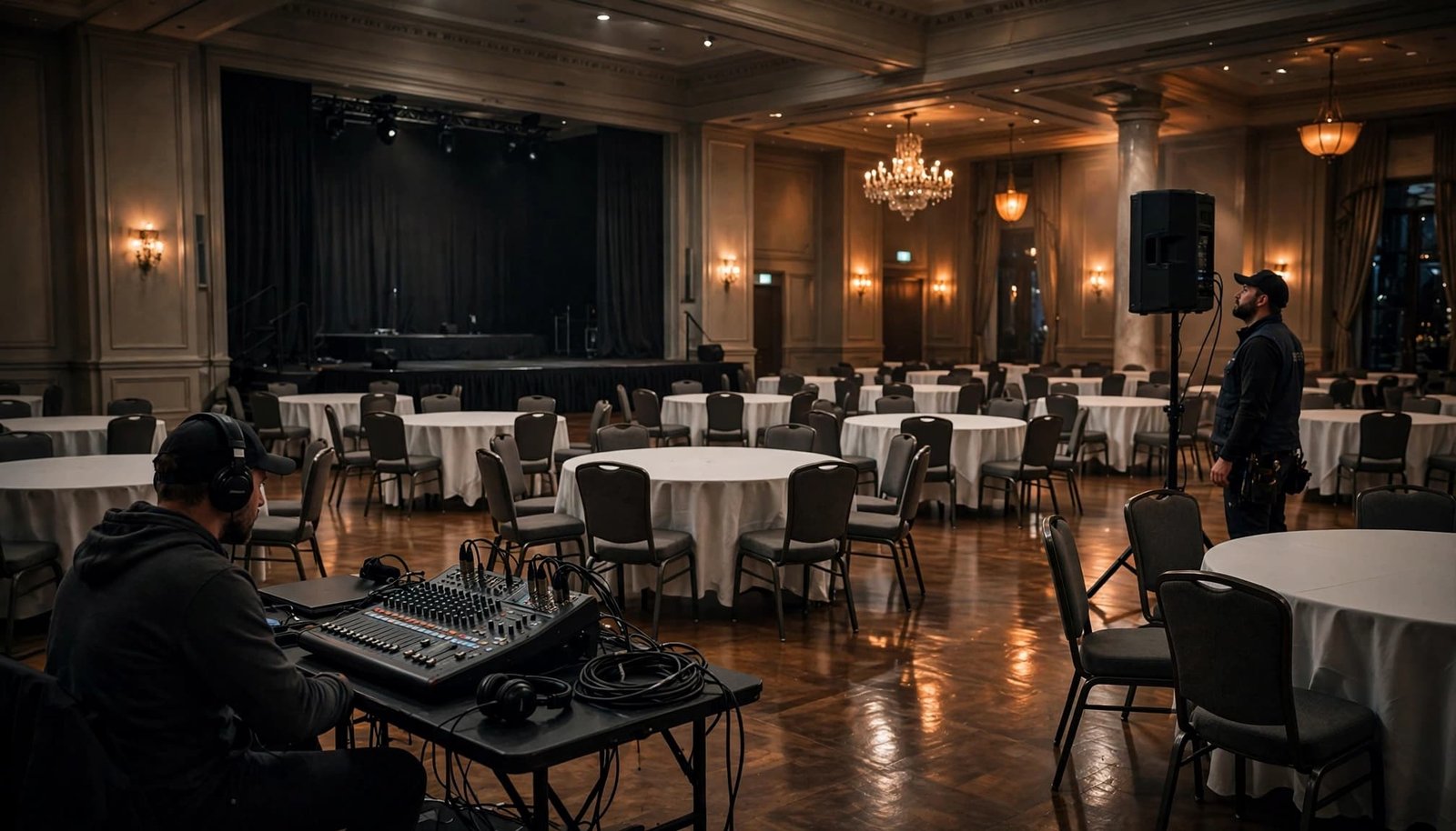 Two technicians check audio equipment in an empty hotel ballroom.