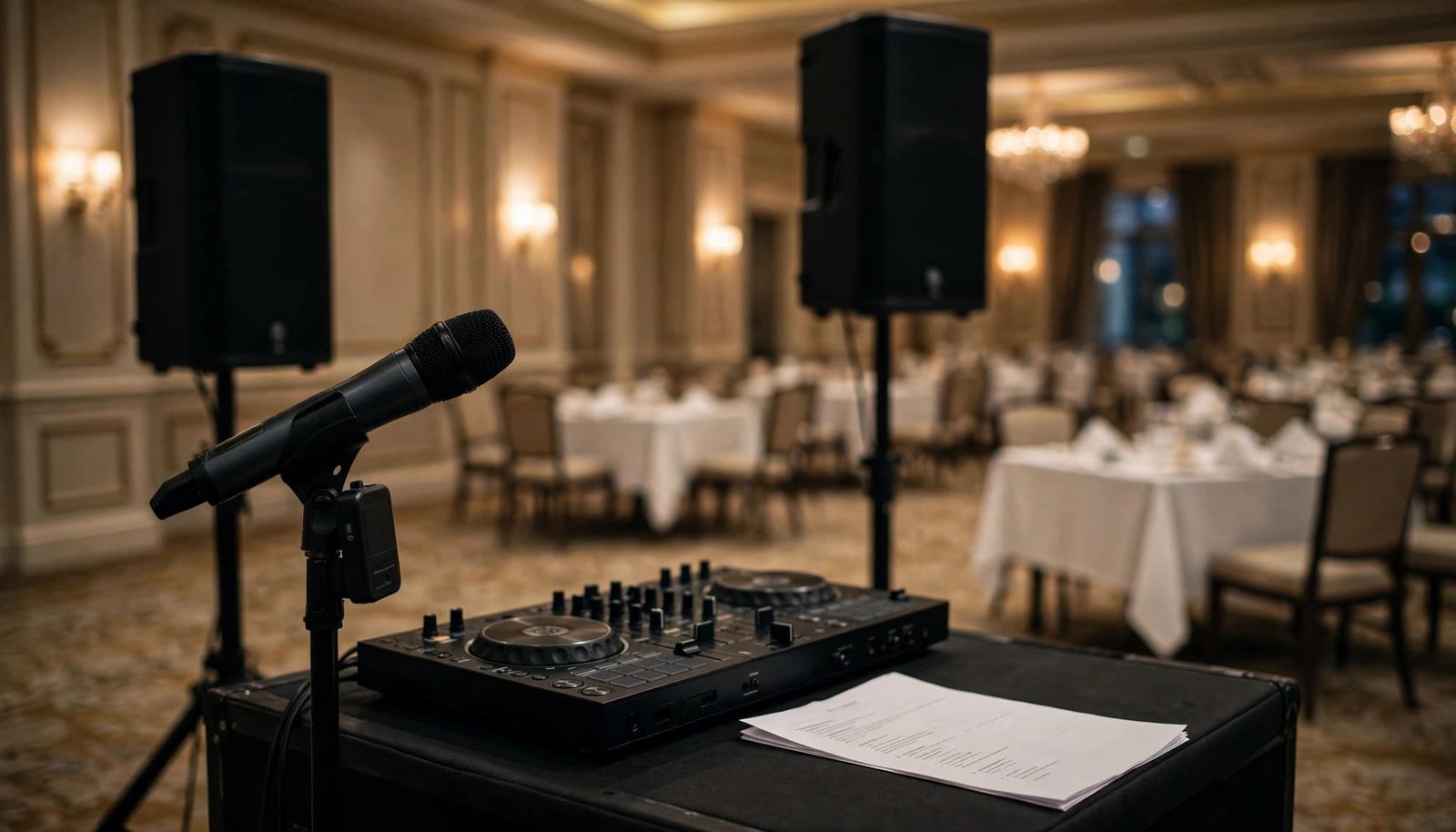 Retirement Party DJ Planning for a Personal Send-Off A microphone, speakers, DJ controller, and cue sheet stand ready in an empty ballroom.