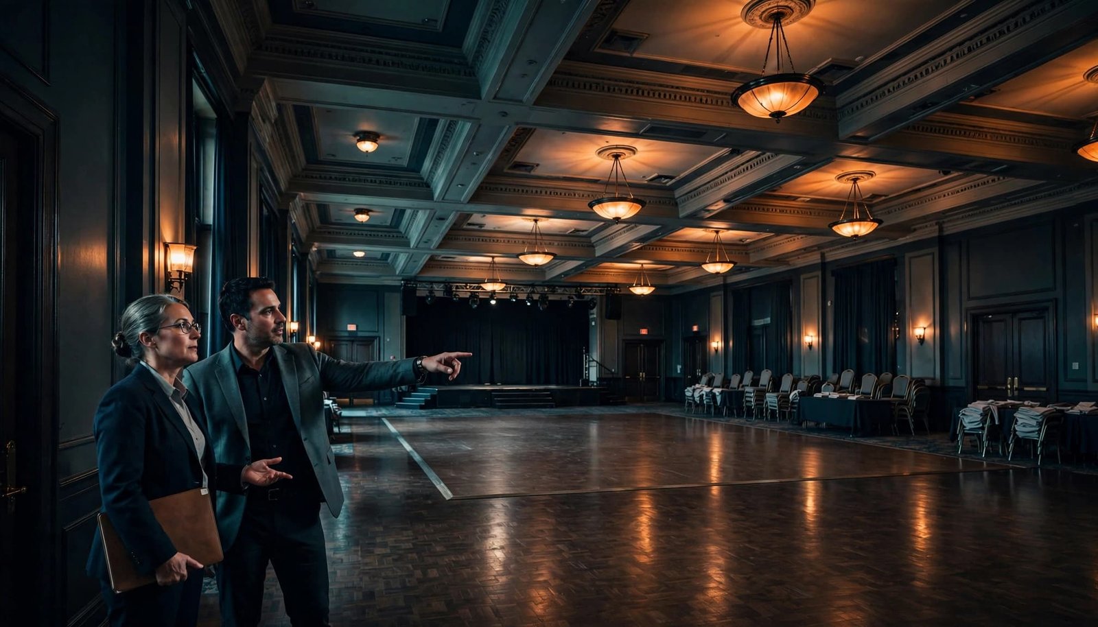 Two professionals review a ballroom layout beside the dance floor and arranged banquet tables.