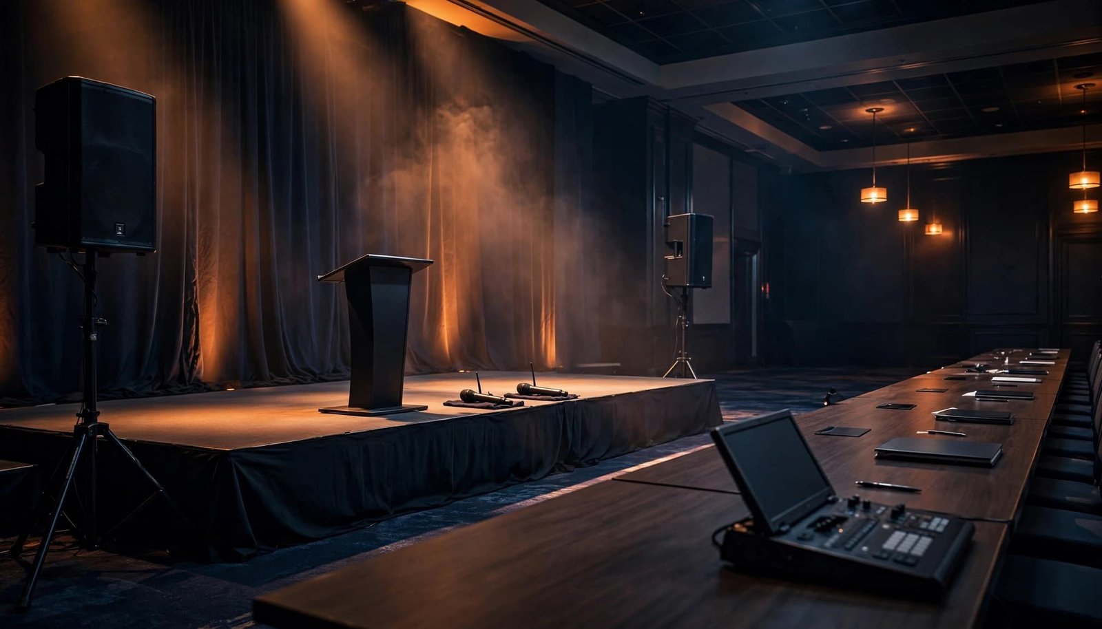Corporate DJ and AV Coordination Checklist for Smooth Events Empty ballroom with microphones, speakers, lectern, and audio console prepared for a soundcheck.
