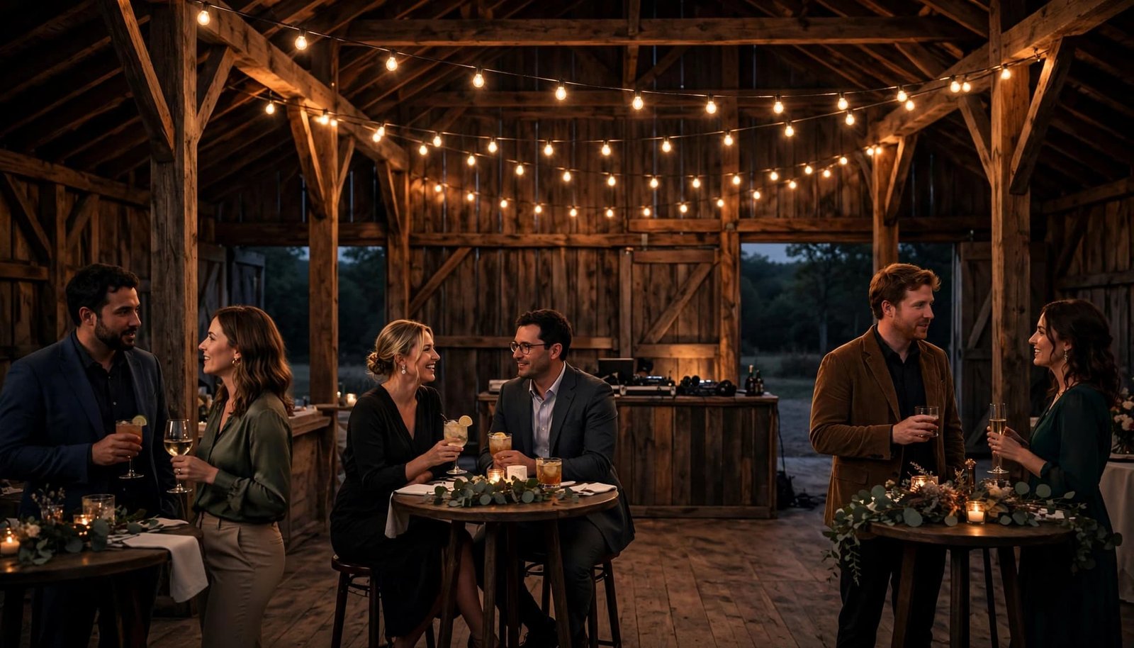 Wedding Reception Music Without Formal Dances: A Practical Plan Six guests chat around cocktail tables beneath warm lights in a barn.