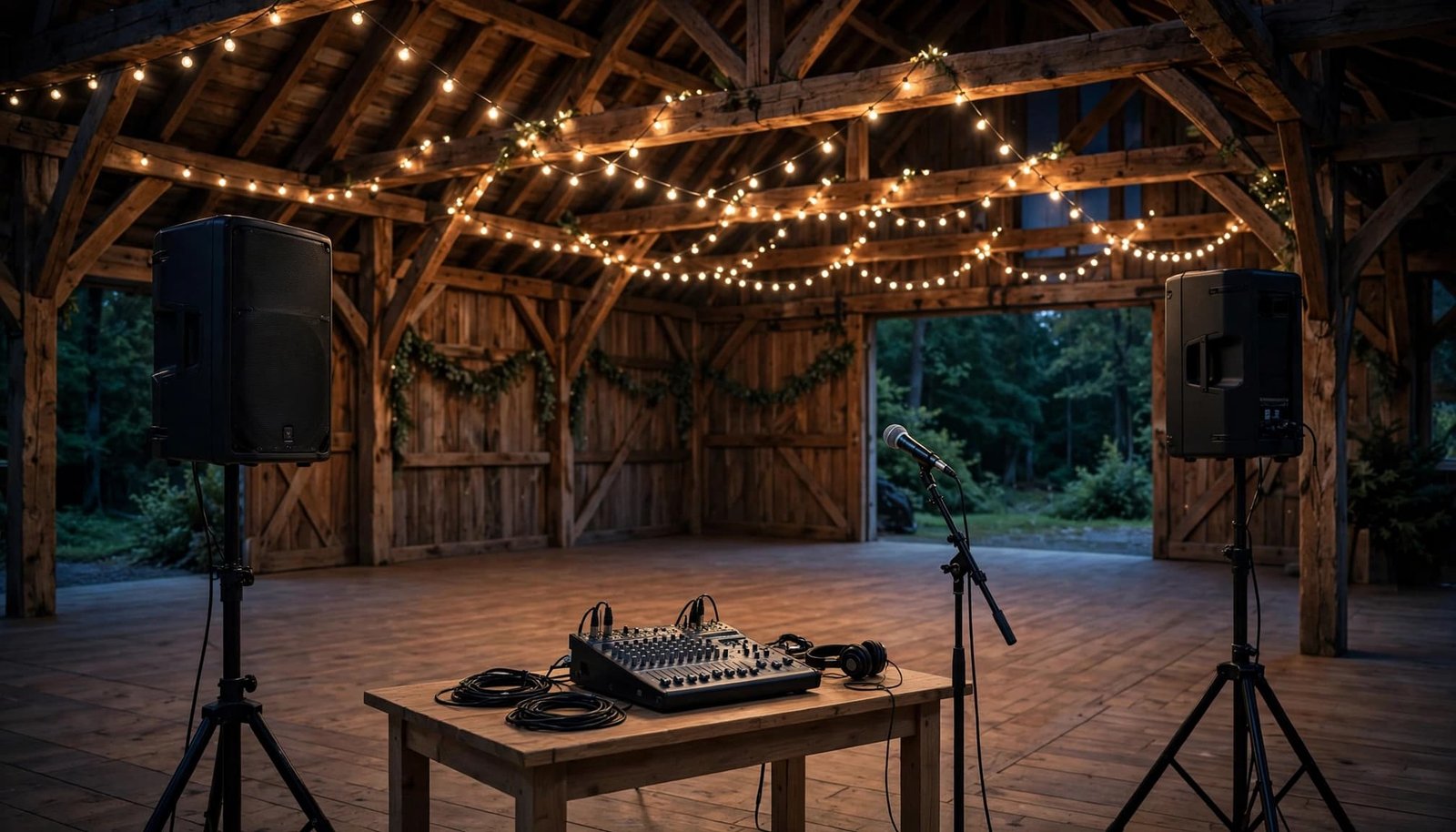 DJ speakers and a microphone stand beside a mixer in an empty barn reception room.