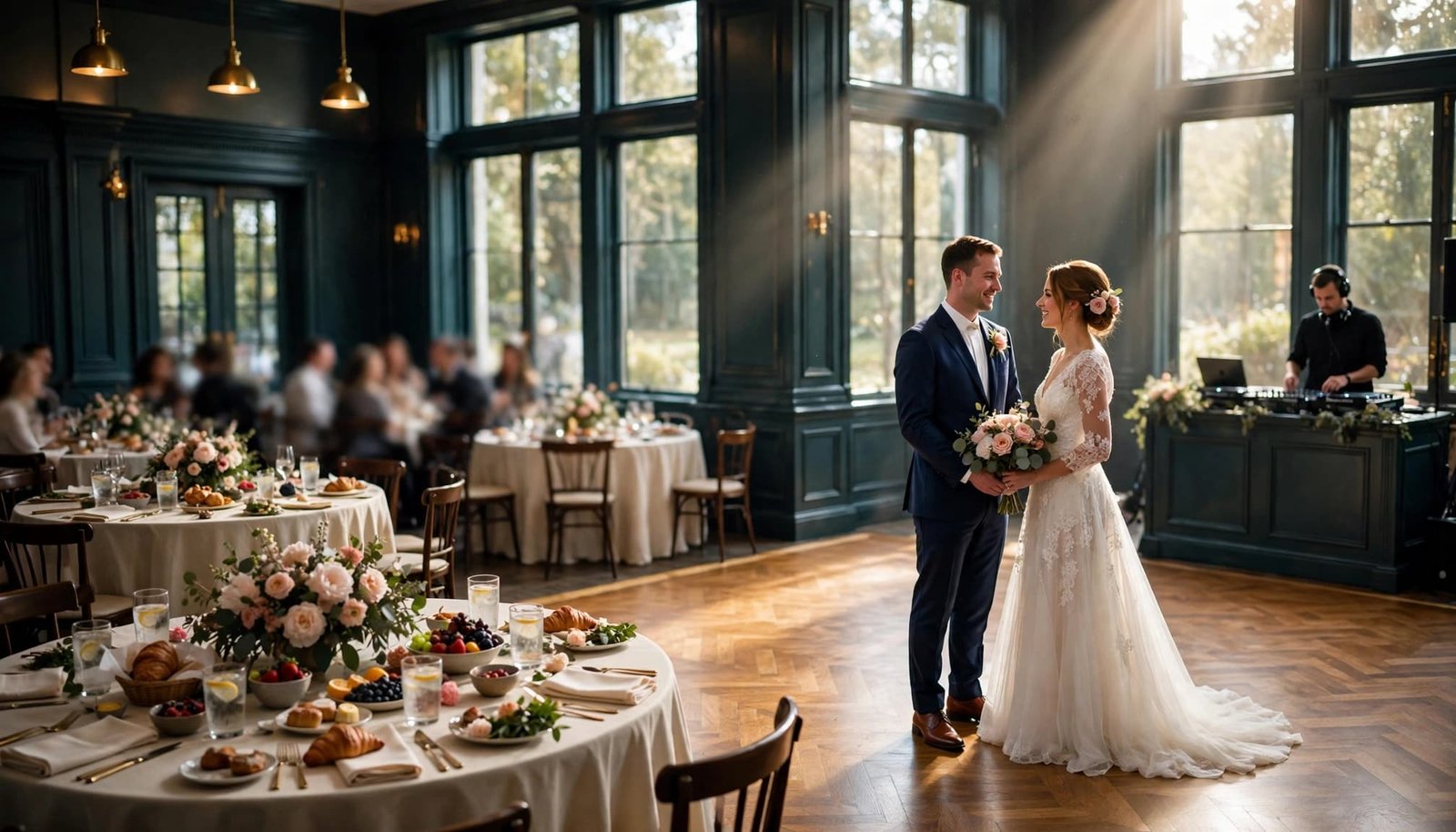 Bride and groom at a bright brunch reception with guests, tables, and a DJ booth.