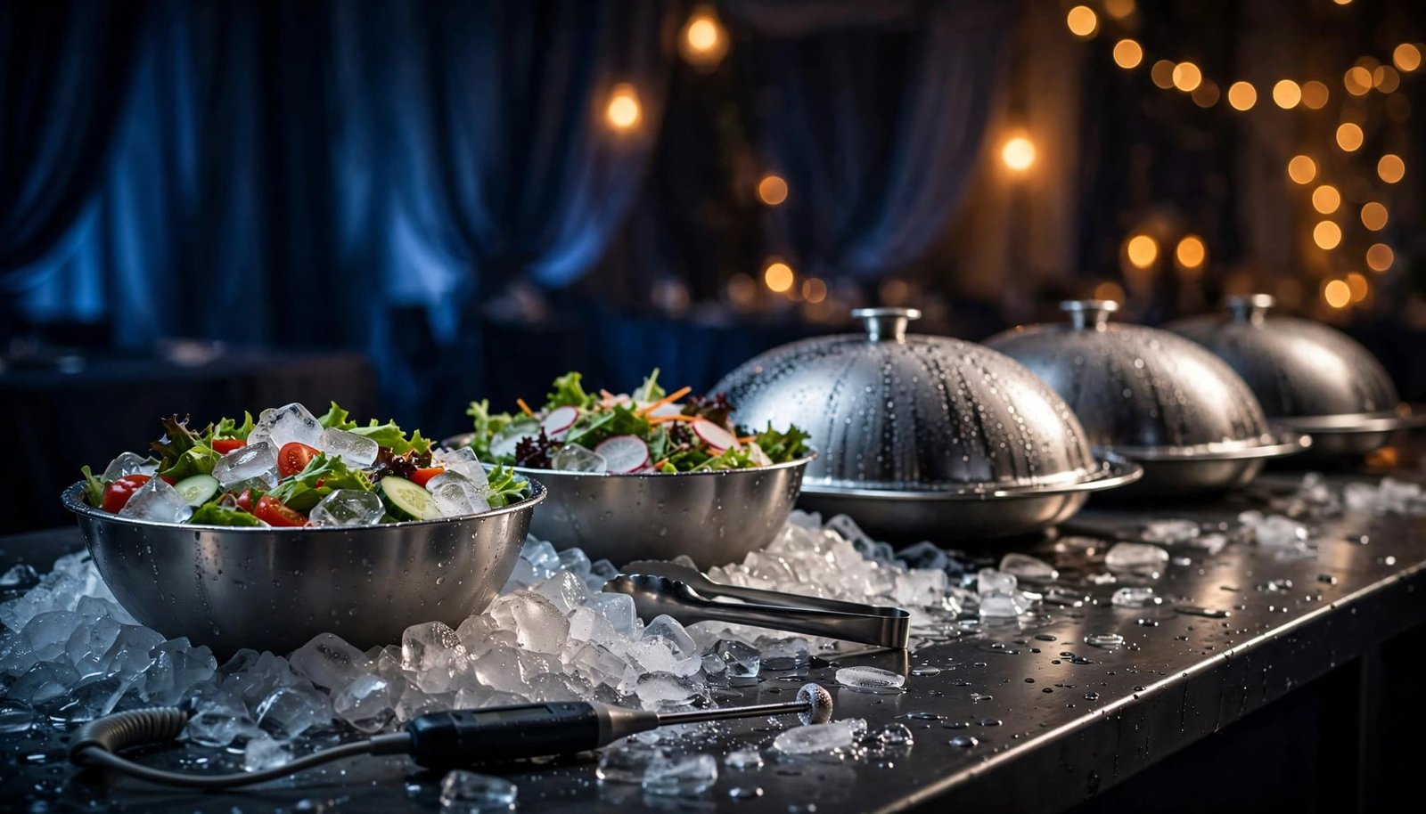Prom Food Planning for Dietary Needs and Safe Service Salad bowls rest on ice beside covered platters, tongs, and a thermometer.