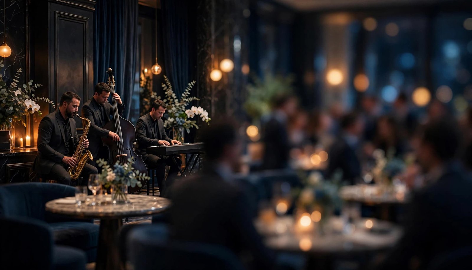 A jazz trio performs near cocktail tables as blurred guests mingle in warm hotel lighting.