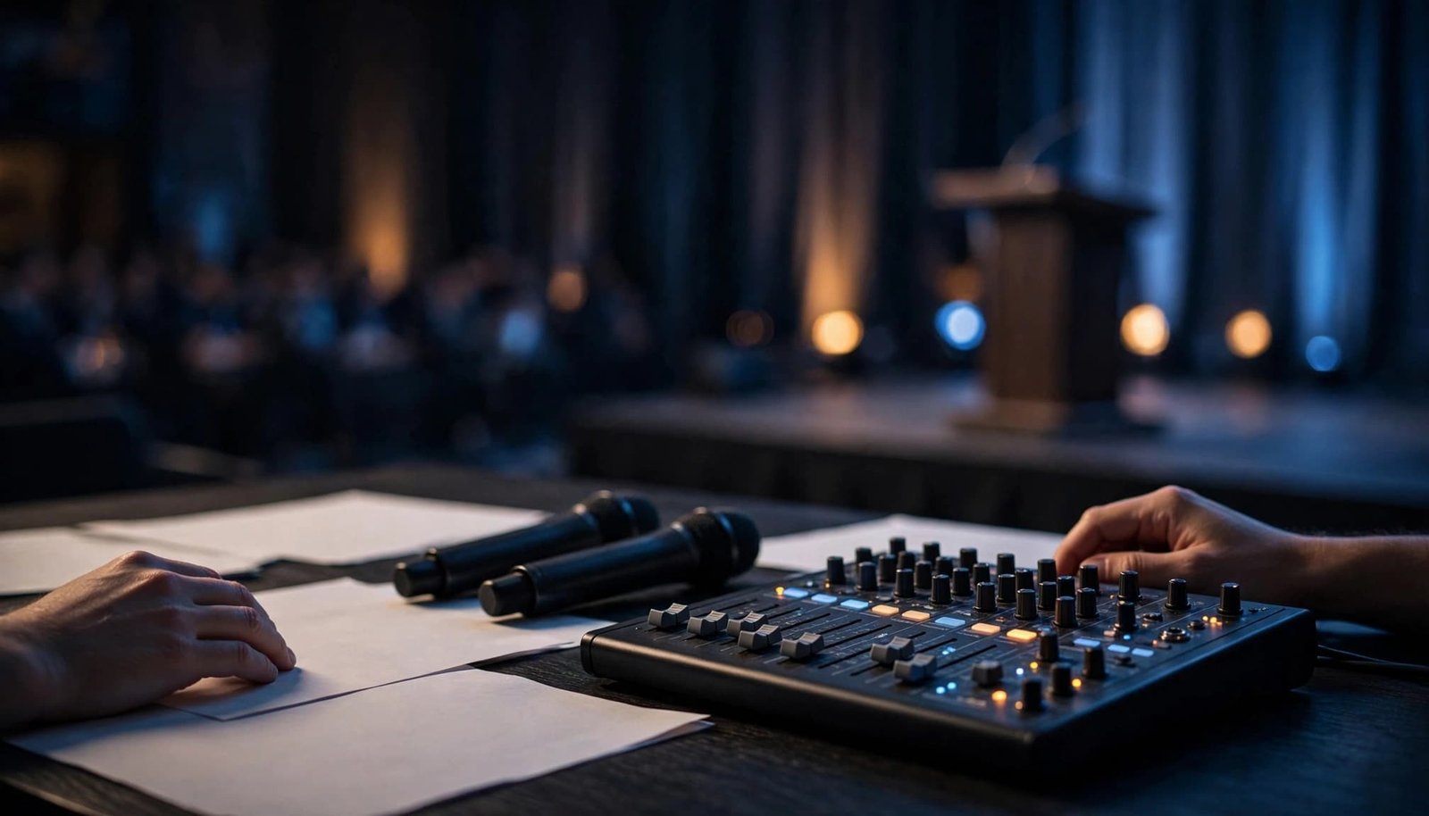 Two hands beside an audio mixer and microphones on a conference stage table.
