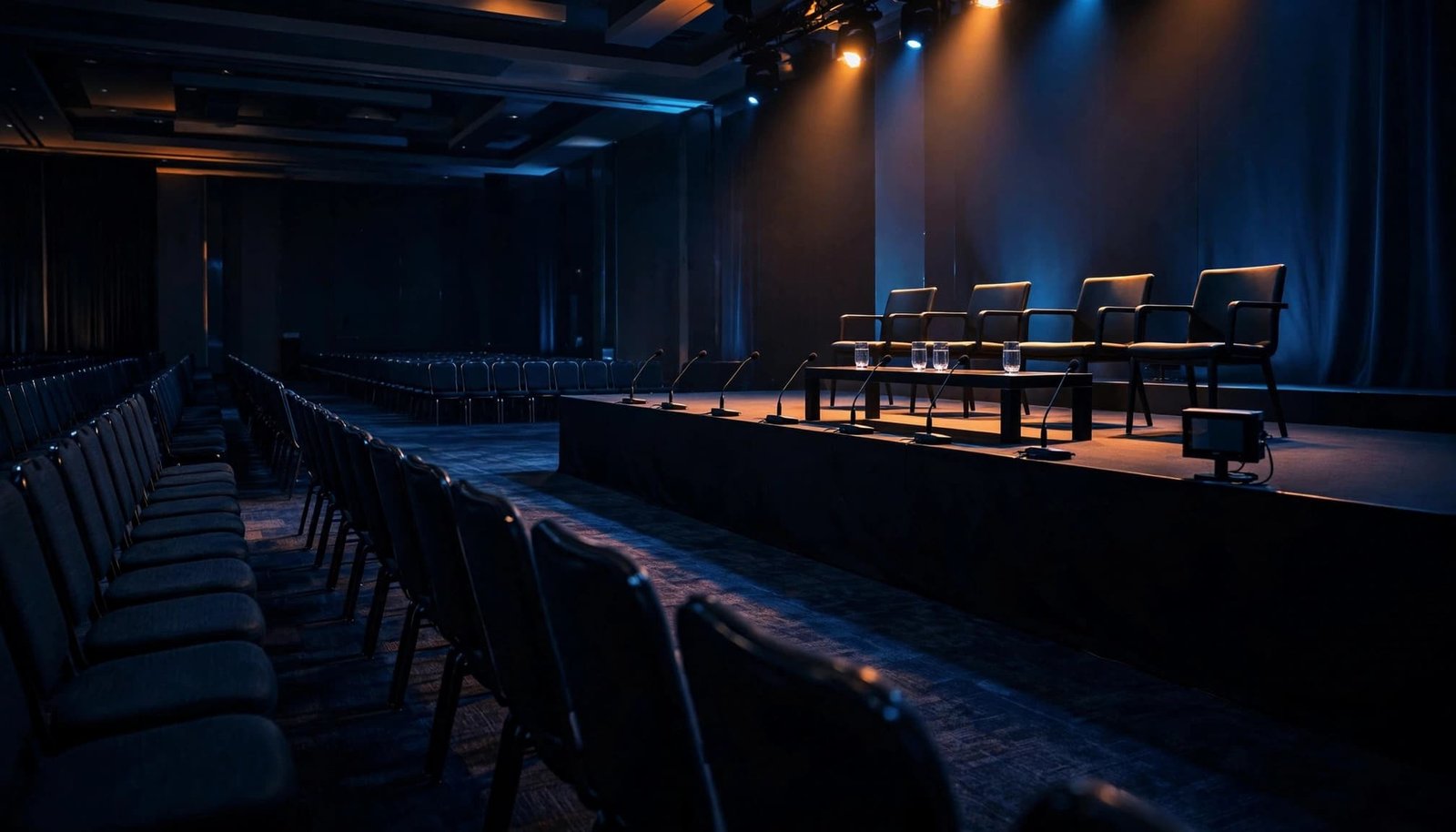 Four chairs and microphones are arranged on a brightly lit stage before an empty ballroom.