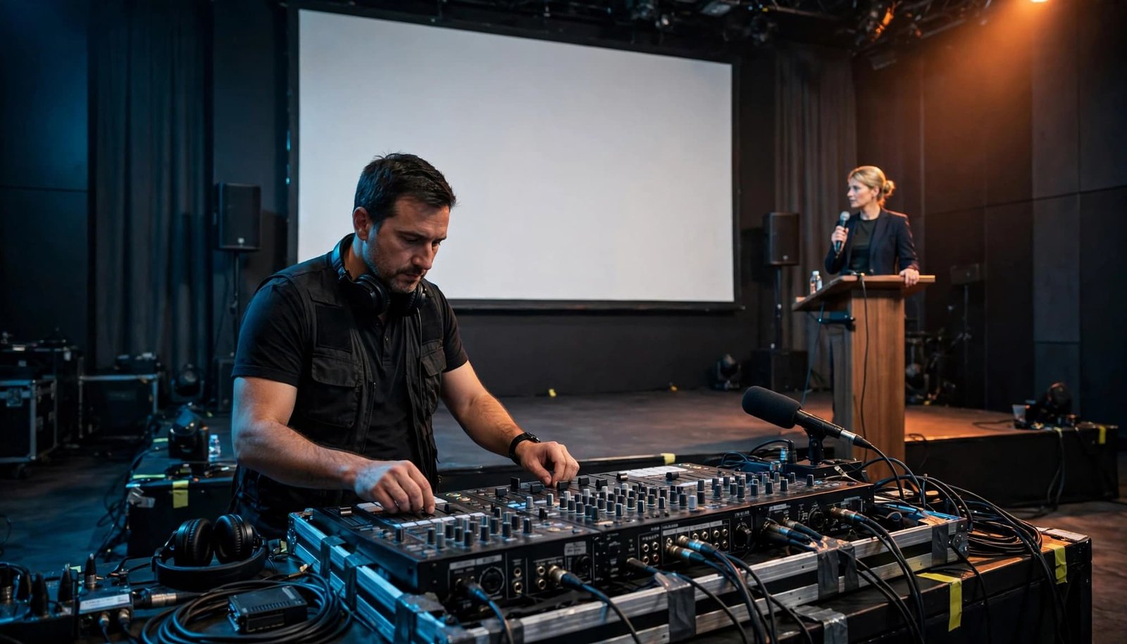 Presenter and audio technician prepare a conference stage with a lectern and sound console.