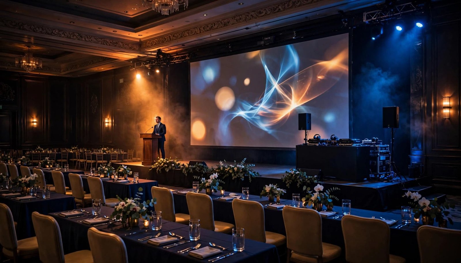 An emcee stands at a podium beside an empty DJ booth on a blue and amber-lit ballroom stage.
