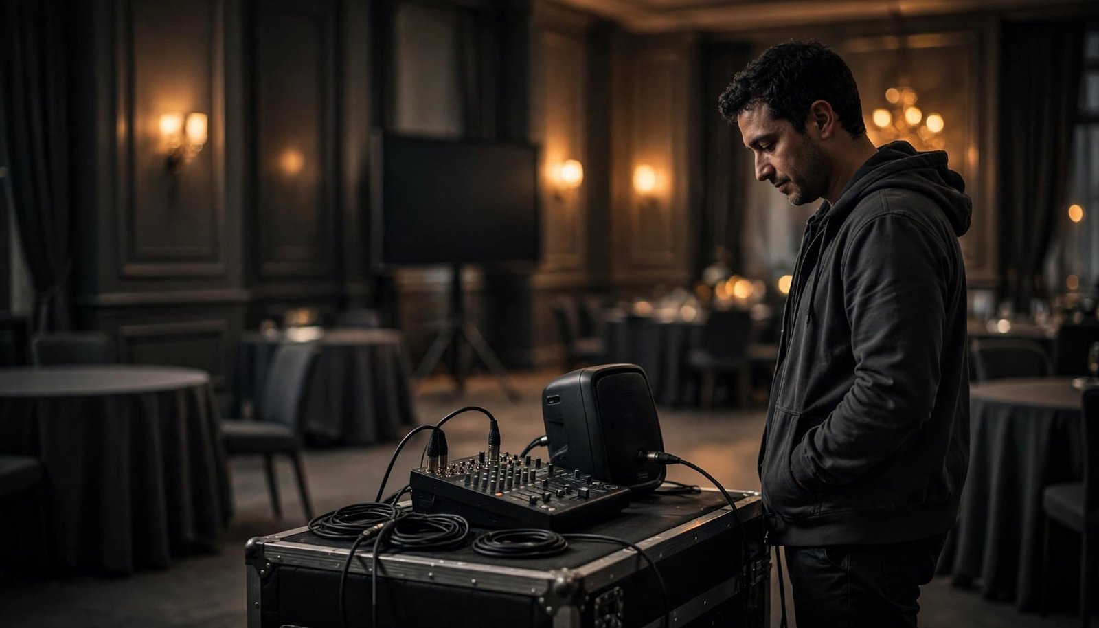 A technician checks audio equipment in an empty ballroom.
