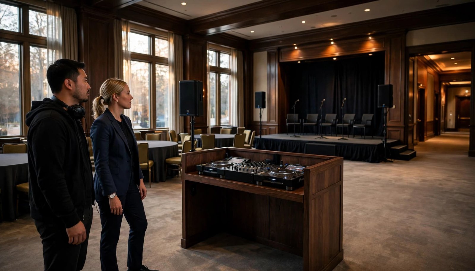 A DJ and hotel coordinator inspect a ballroom with speakers, banquet tables, and a stage.