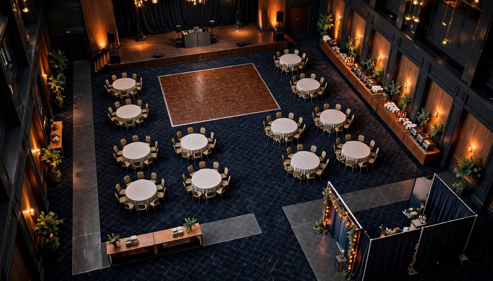 Top-down ballroom layout with a stage, DJ booth, tables, buffet, registration desk, and photo booth.