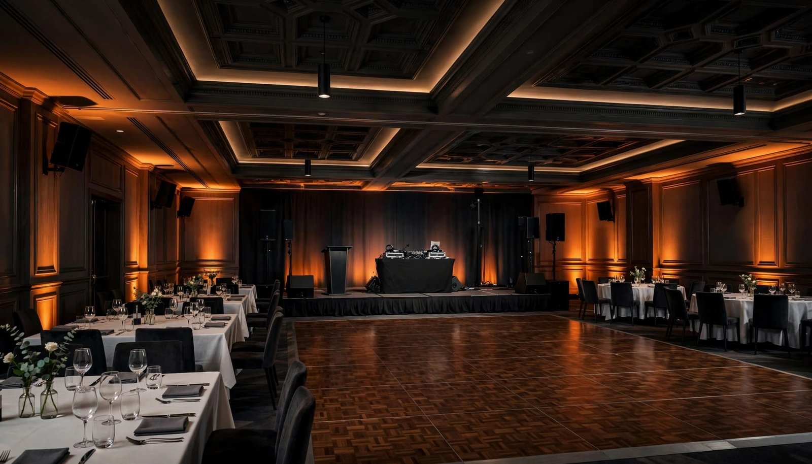 Empty hotel ballroom with a stage, speakers, tables, and open dance floor.