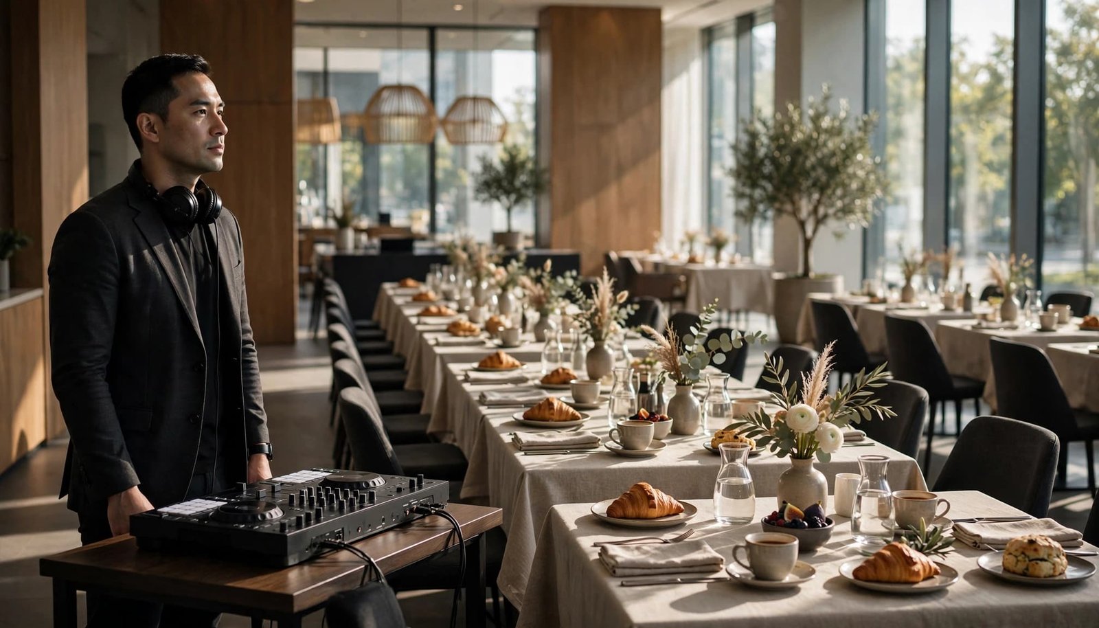 A DJ beside a compact console at a bright corporate brunch.