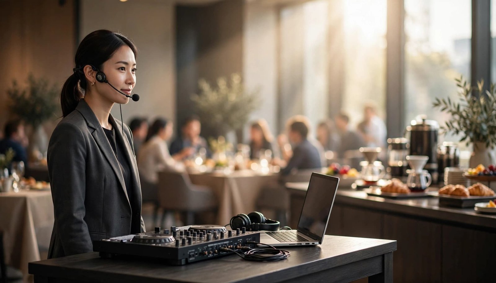 An event host stands beside a laptop and mixer at a bright corporate brunch.