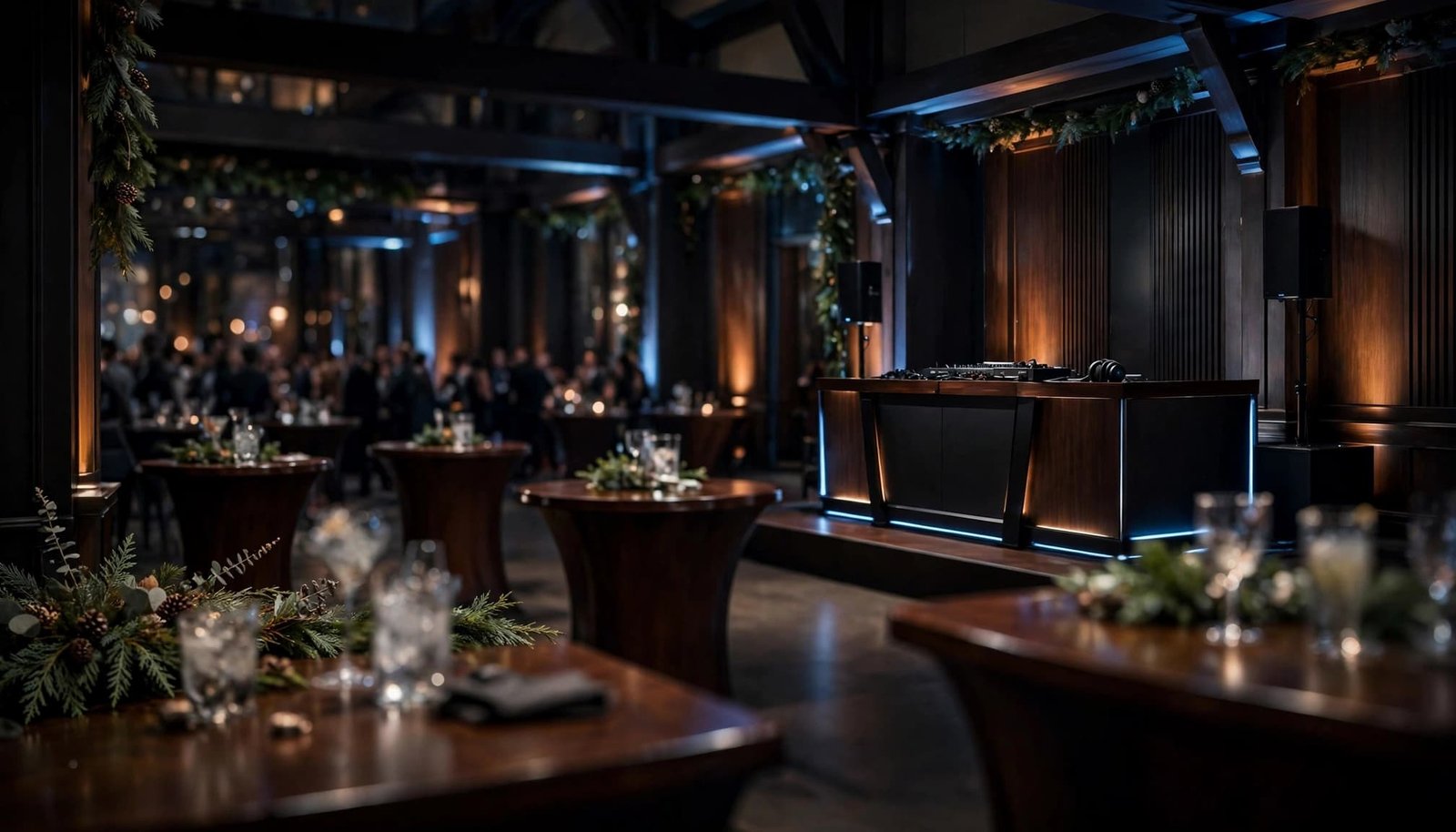 A polished cocktail reception with one DJ booth, high tables, and warm blue lighting.