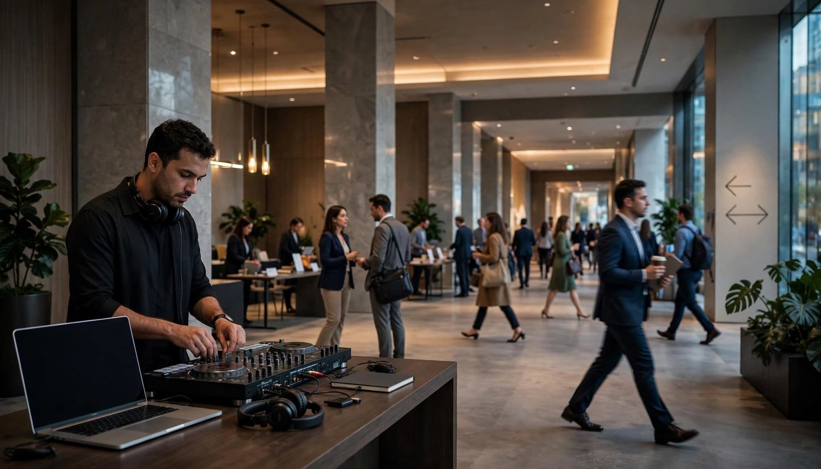 A DJ plays music beside a laptop as conference attendees move through a hotel foyer.