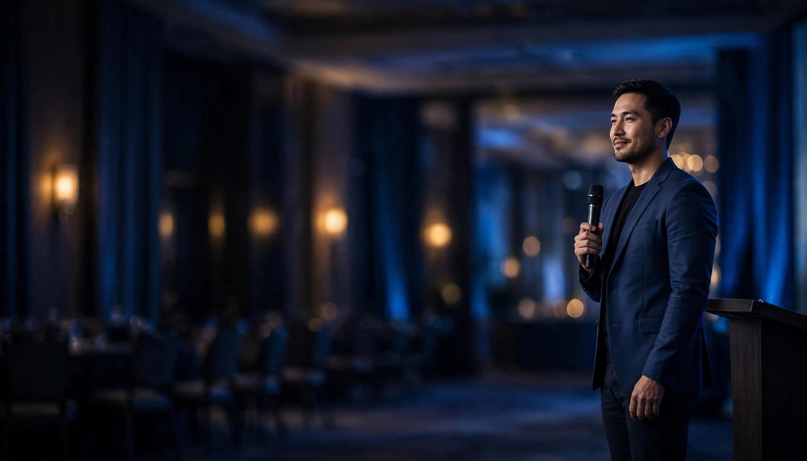 An emcee with a microphone stands beside a lectern on a blue-lit stage.