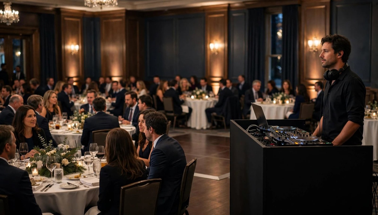 A DJ works at a sound booth beside a warmly lit corporate dinner ballroom.