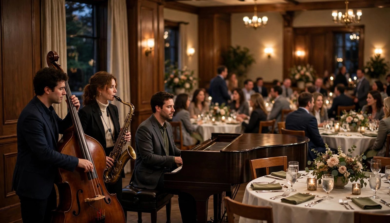 A three-piece jazz group performs beside tables at an elegant business dinner.
