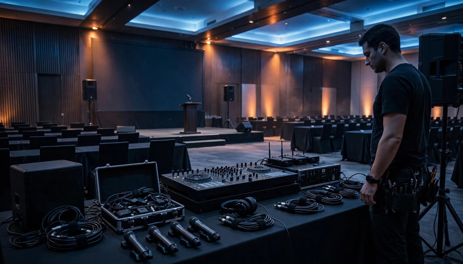 A technician sets up DJ equipment before a lit conference stage.