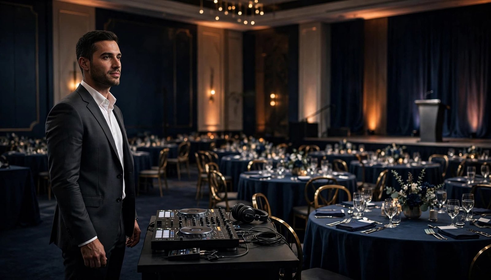 A DJ in a charcoal suit beside equipment in an elegant hotel ballroom.