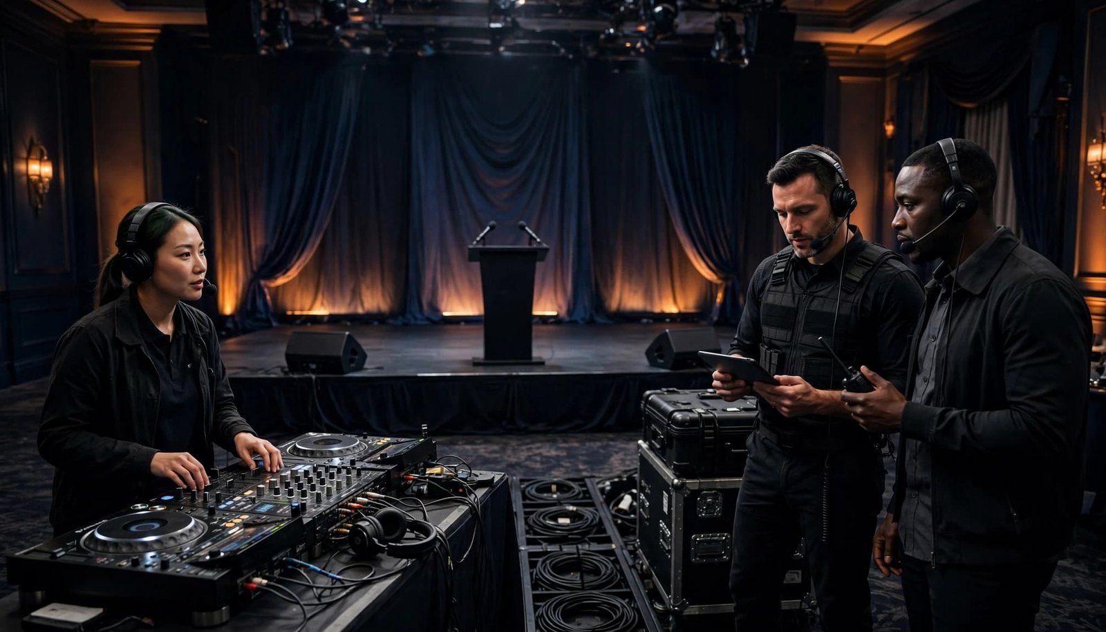 Corporate DJ and AV Coordination Checklist for Smooth Events Three event professionals coordinate beside a ballroom stage with a DJ console and microphones.