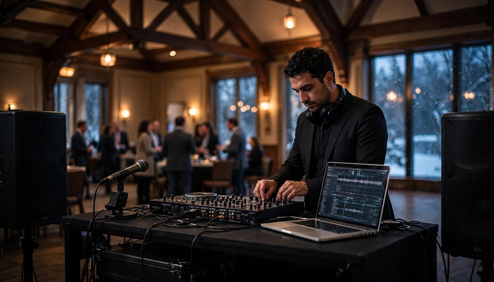 A corporate DJ operates a sound booth in a warmly lit conference venue.